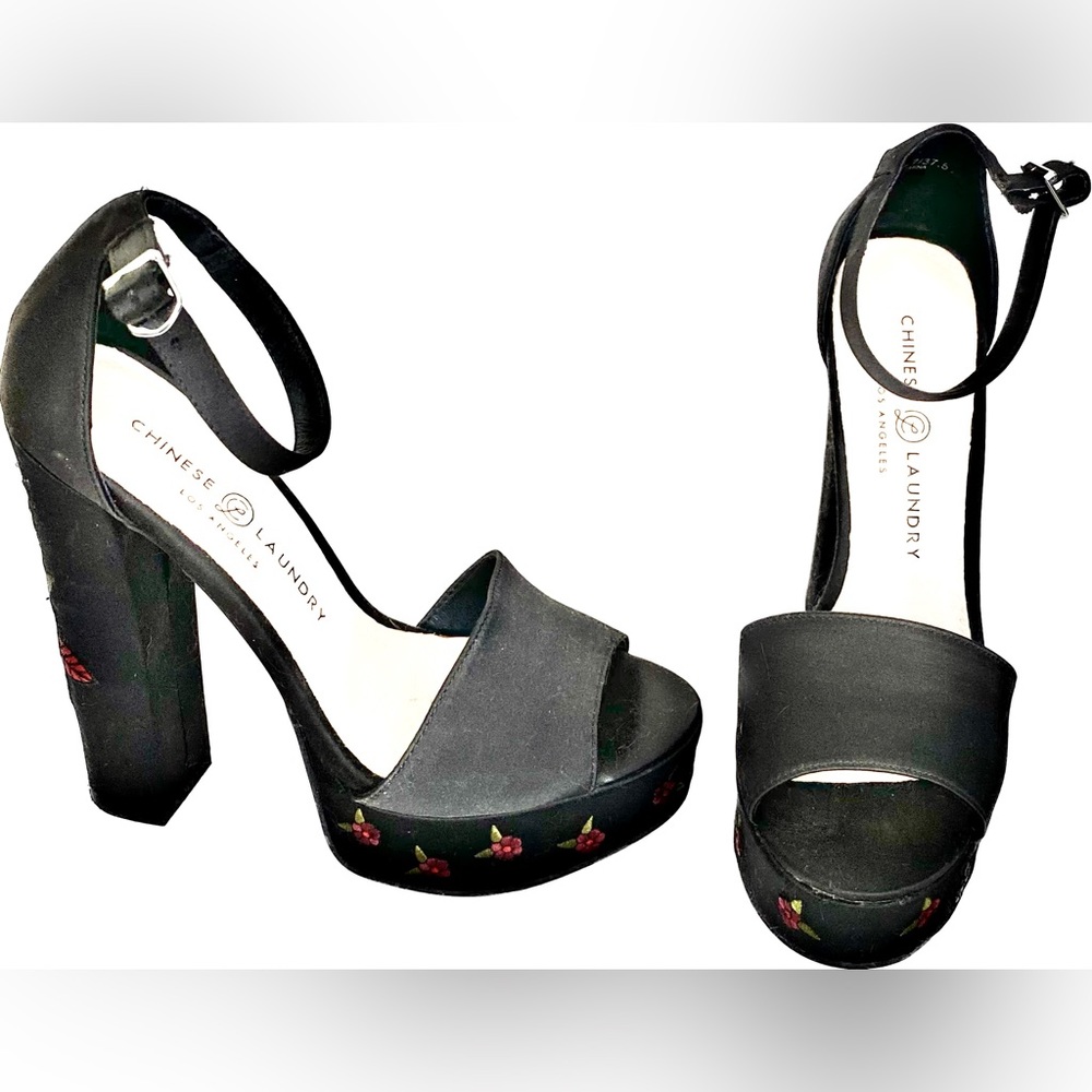 Open toed, black satin with embroidered roses platforms.